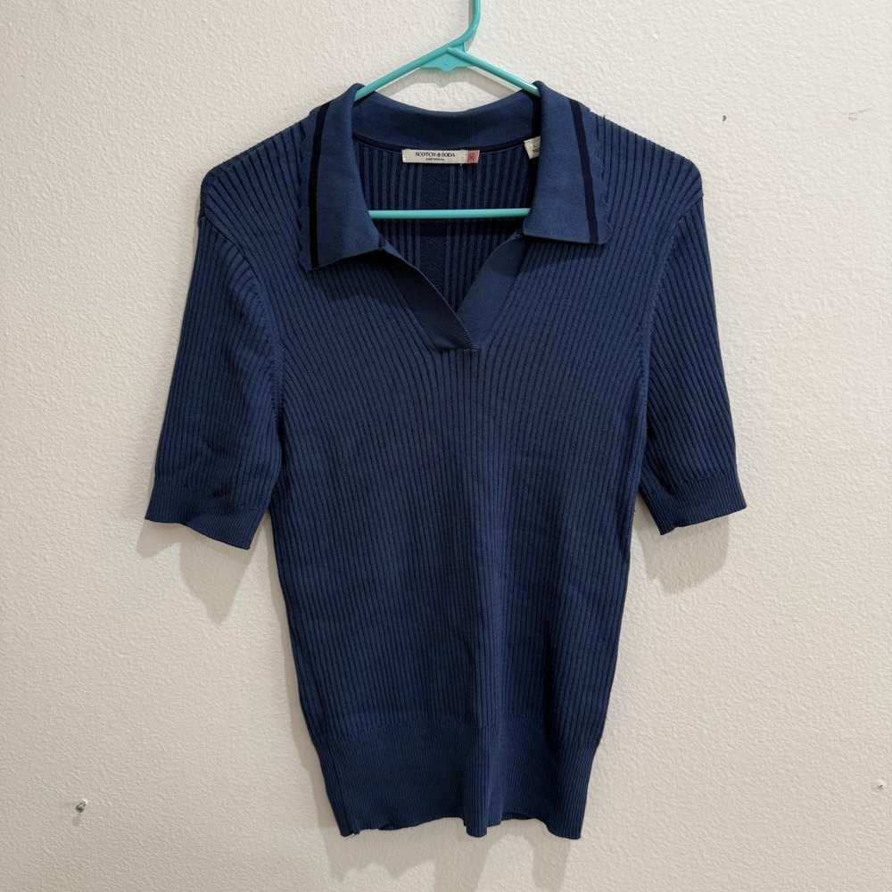 Scotch & Soda Womens Ribbed Knit Polo Shirt Navy Blue Short Sleeve V-Neck Large